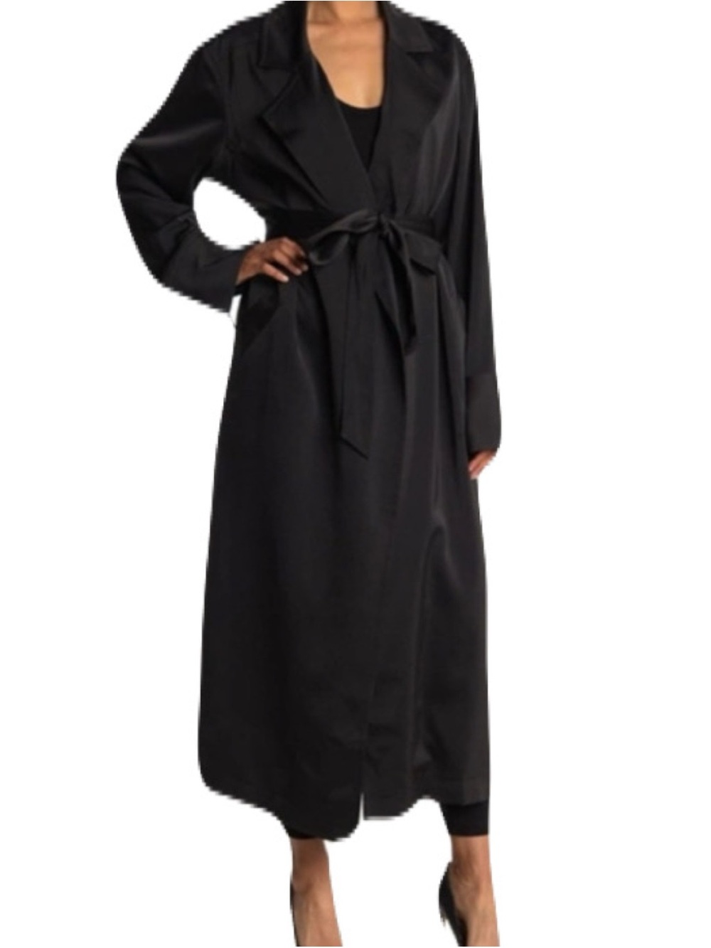 NEW Good American Plus 6/3X Black Satin Long Trench Jacket Tie Belt Whimsigoth
